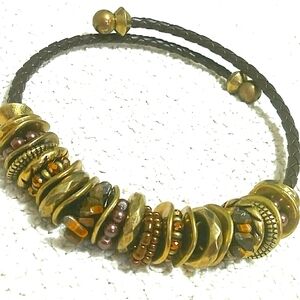 Choker Necklace Brass tiger eye & wood beads on leather